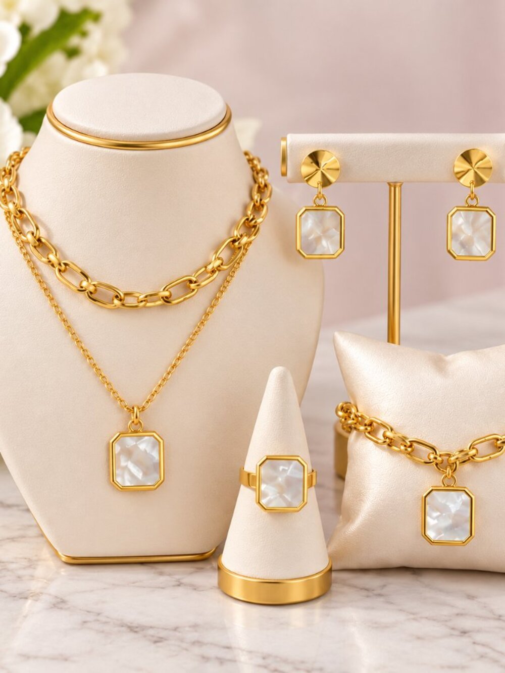 Elegant Gold-Tone Mother-of-Pearl Jewelry Set